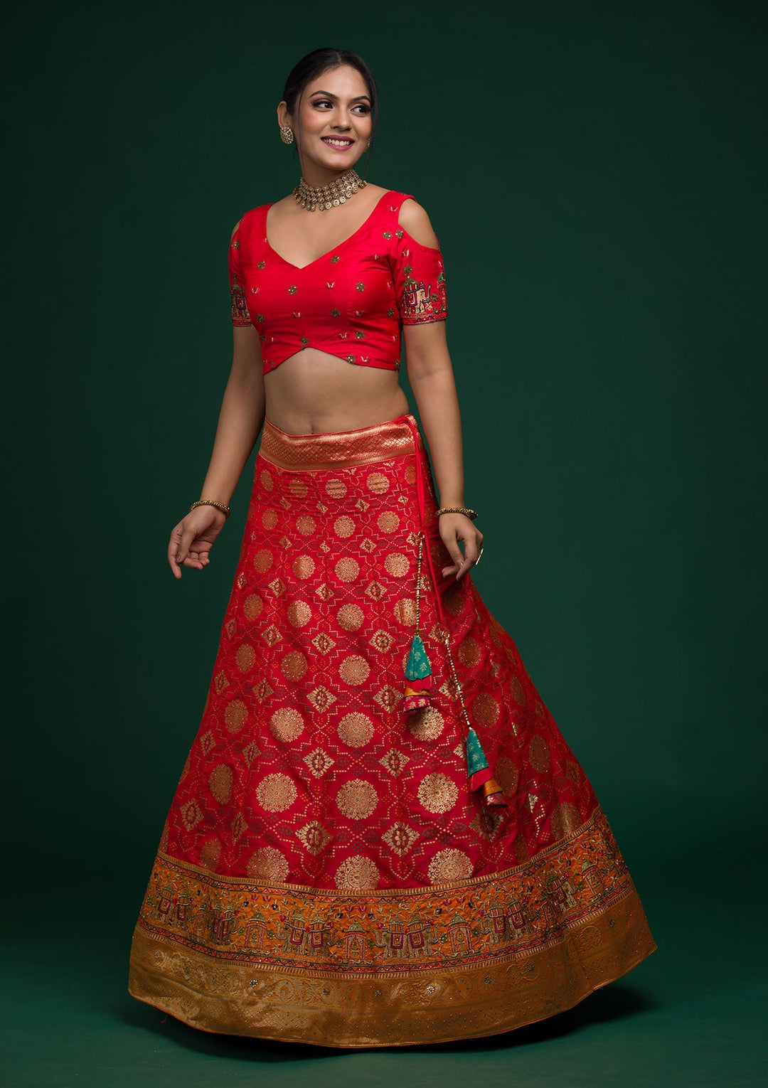 Red Zariwork Banarasi Lehenga-koskii