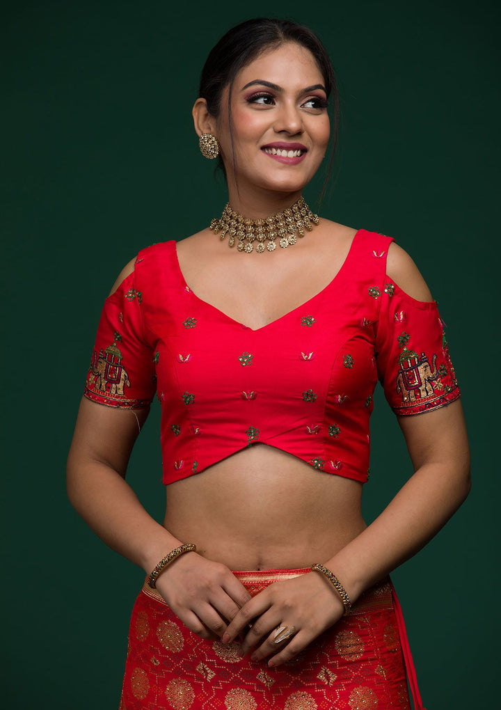 Red Zariwork Banarasi Lehenga-koskii