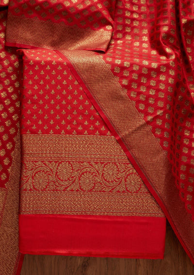 Red Zariwork Banarasi Designer Unstitched Salwar Suit - koskii