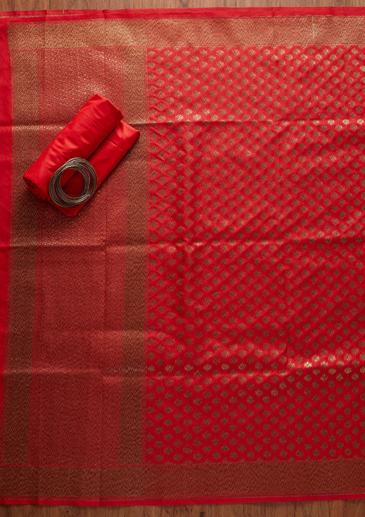 Red Zariwork Banarasi Designer Unstitched Salwar Suit - koskii