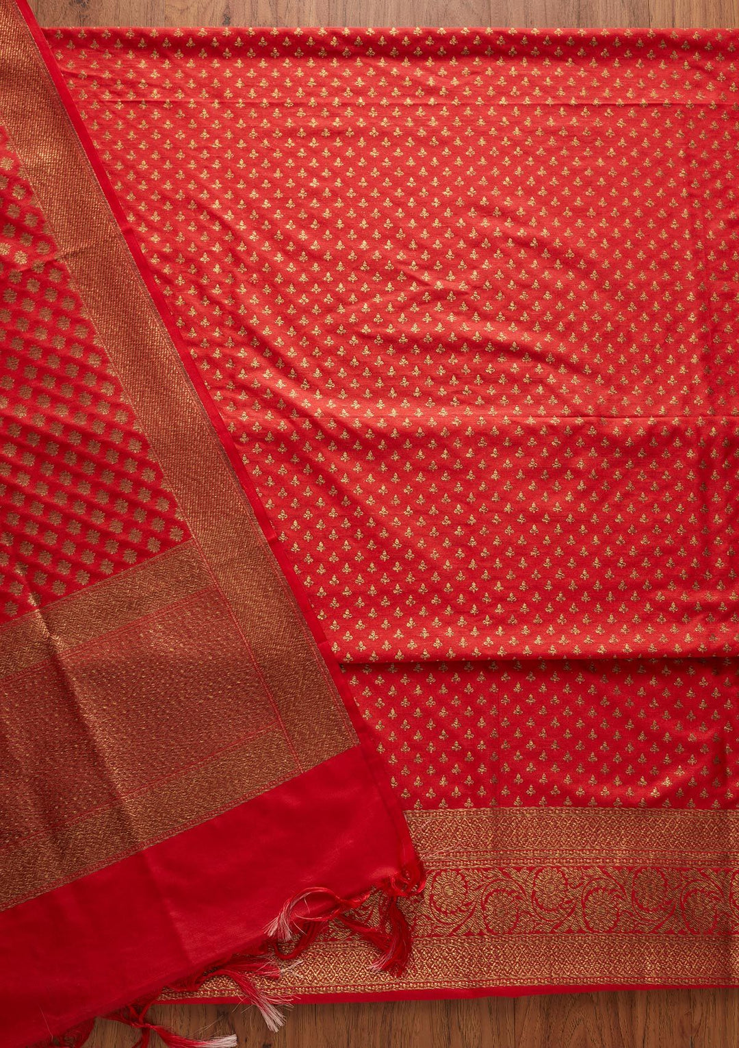 Red Zariwork Banarasi Designer Unstitched Salwar Suit - koskii