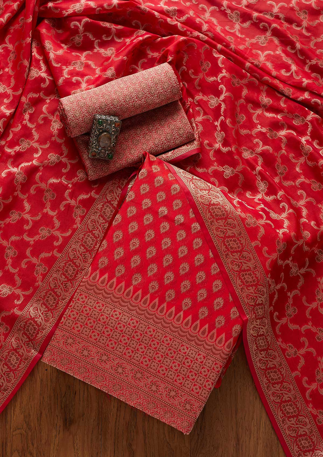 Red Zariwork Banarasi Designer Unstitched Salwar Suit - koskii