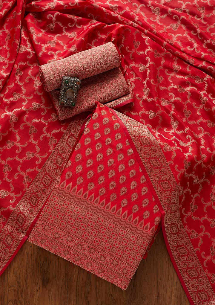 Red Zariwork Banarasi Designer Unstitched Salwar Suit - koskii