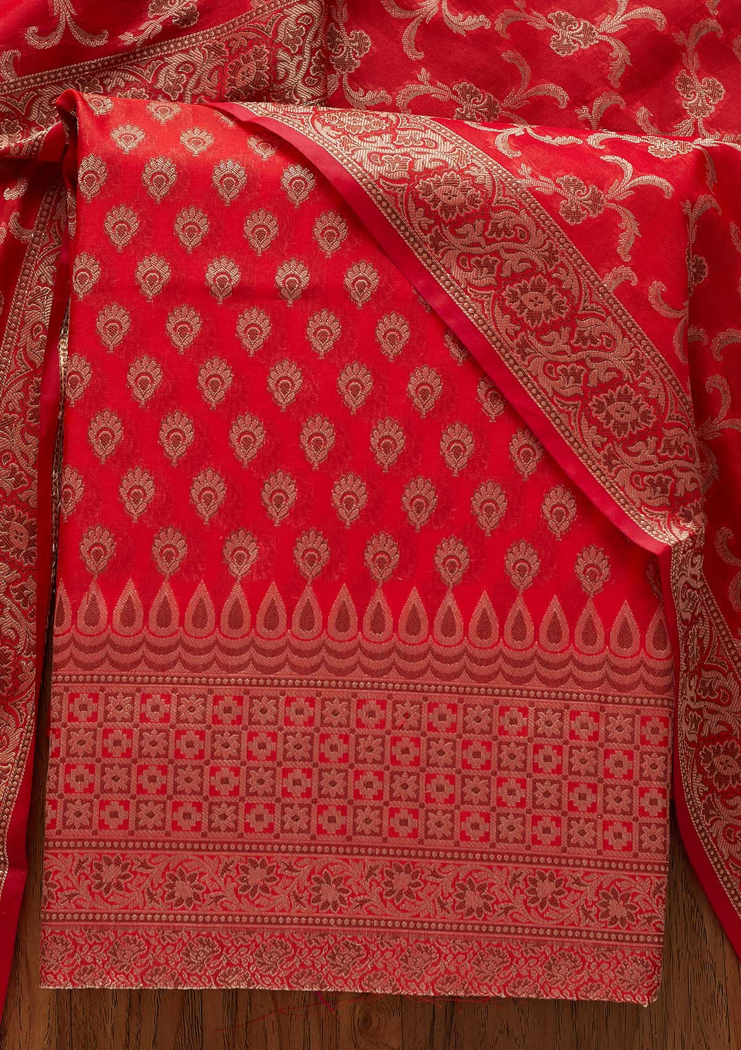 Red Zariwork Banarasi Designer Unstitched Salwar Suit - koskii