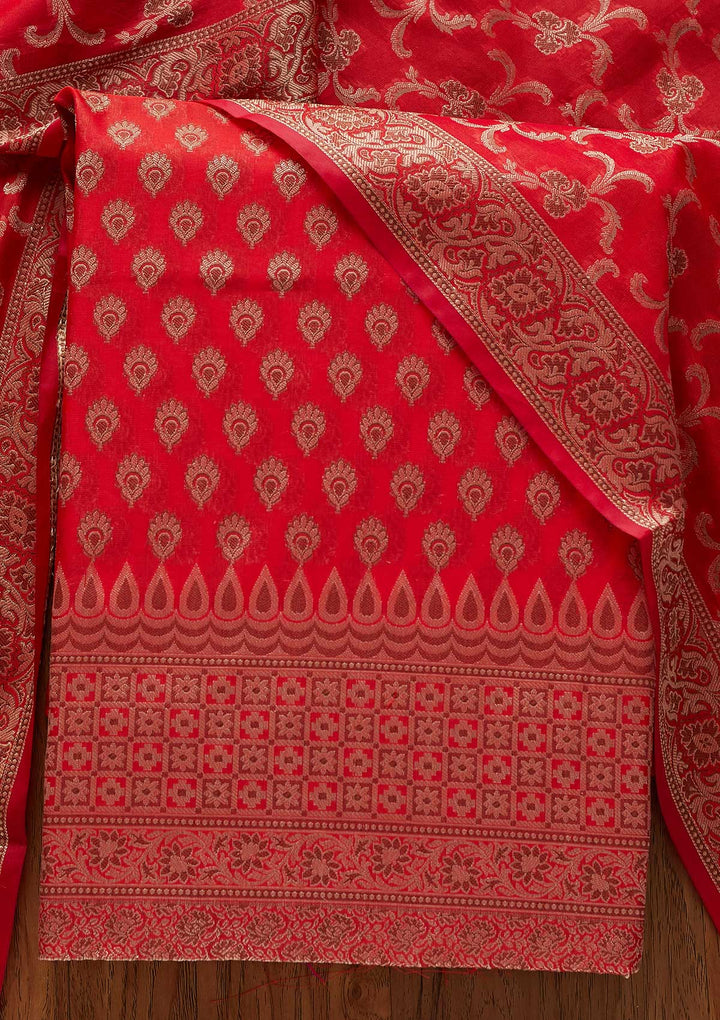 Red Zariwork Banarasi Designer Unstitched Salwar Suit - koskii