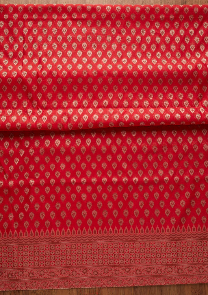Red Zariwork Banarasi Designer Unstitched Salwar Suit - koskii