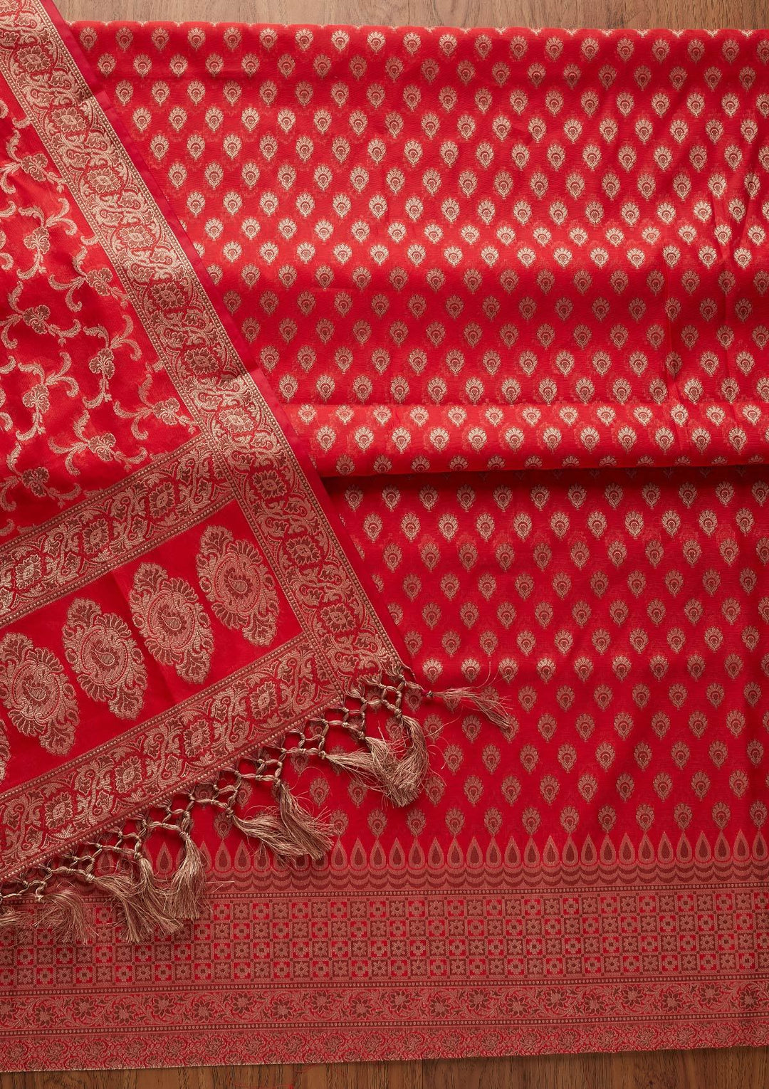 Red Zariwork Banarasi Designer Unstitched Salwar Suit - koskii