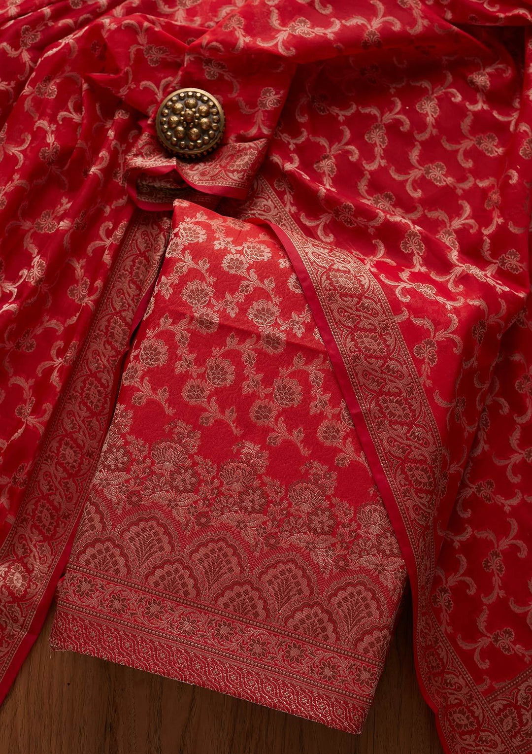 Red Zariwork Banarasi Designer Unstitched Salwar Suit - koskii