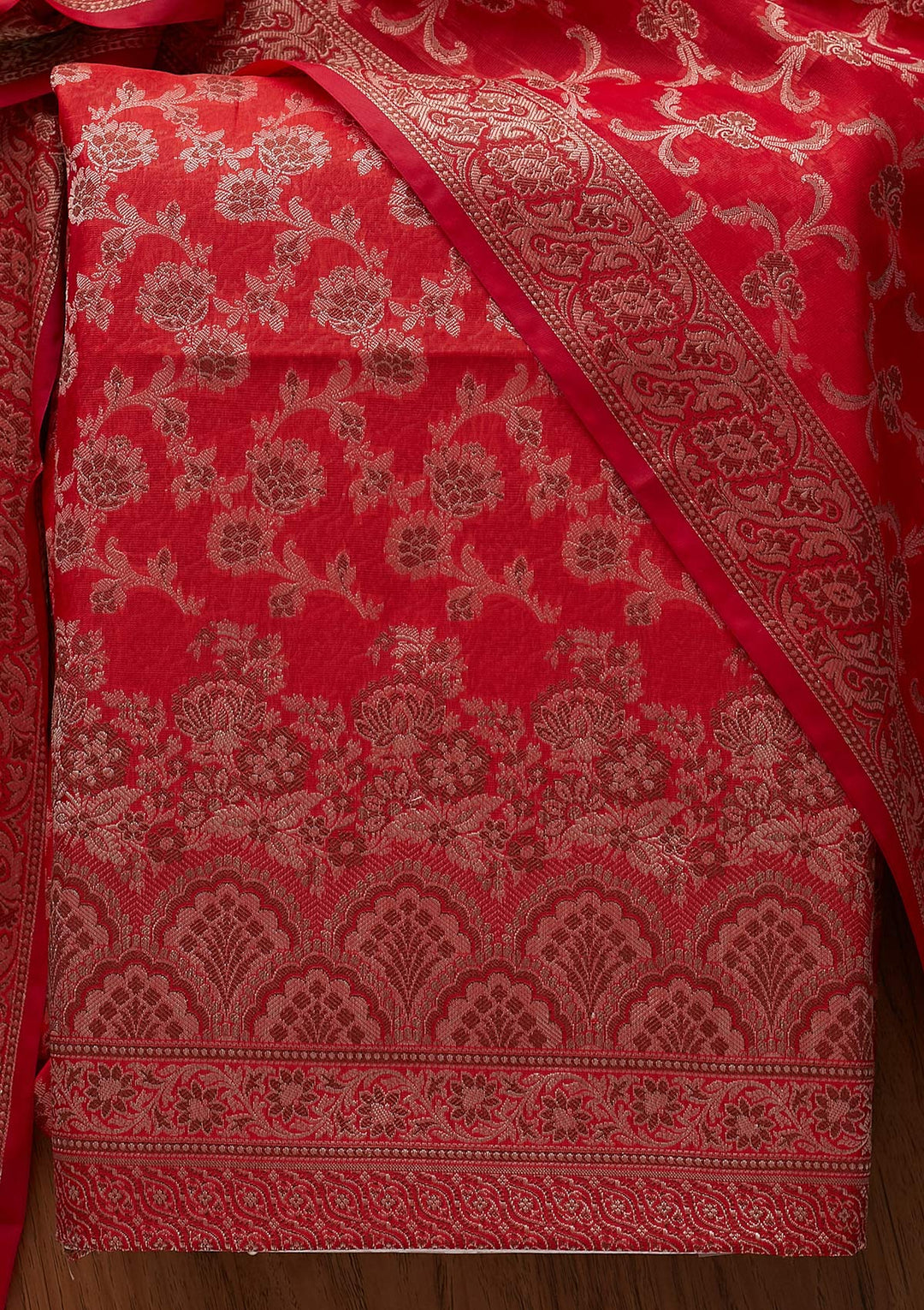 Red Zariwork Banarasi Designer Unstitched Salwar Suit - koskii