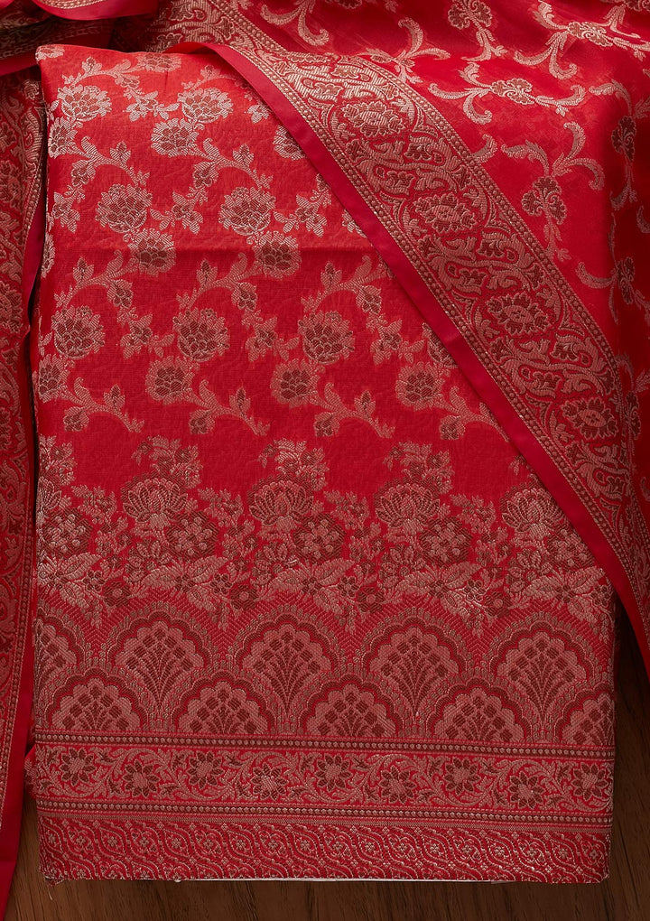 Red Zariwork Banarasi Designer Unstitched Salwar Suit - koskii