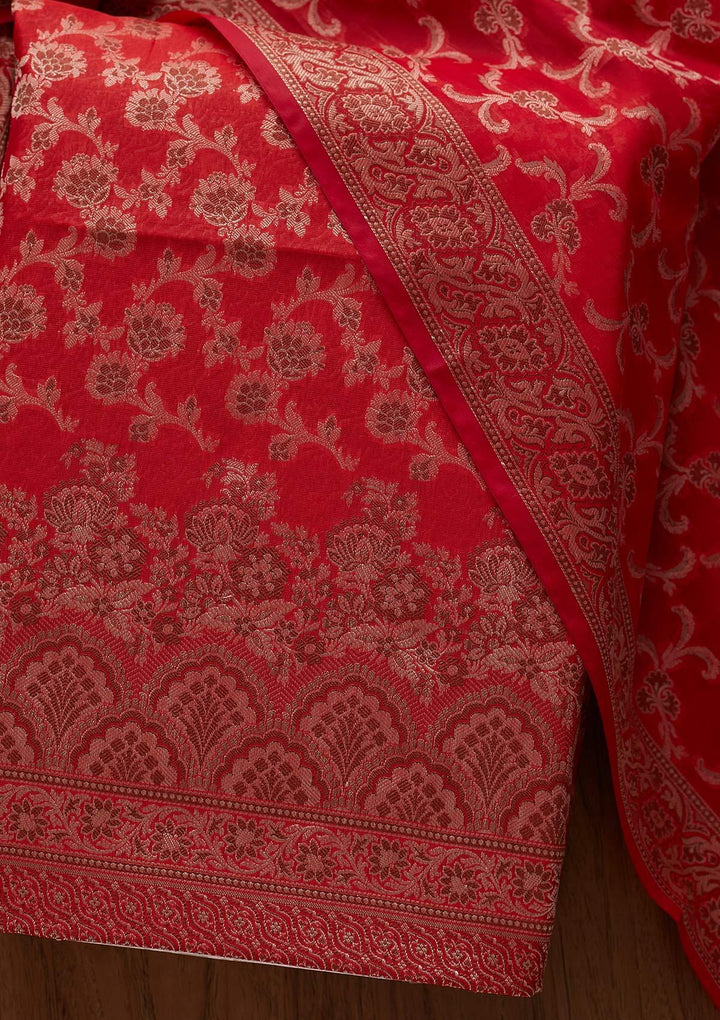 Red Zariwork Banarasi Designer Unstitched Salwar Suit - koskii