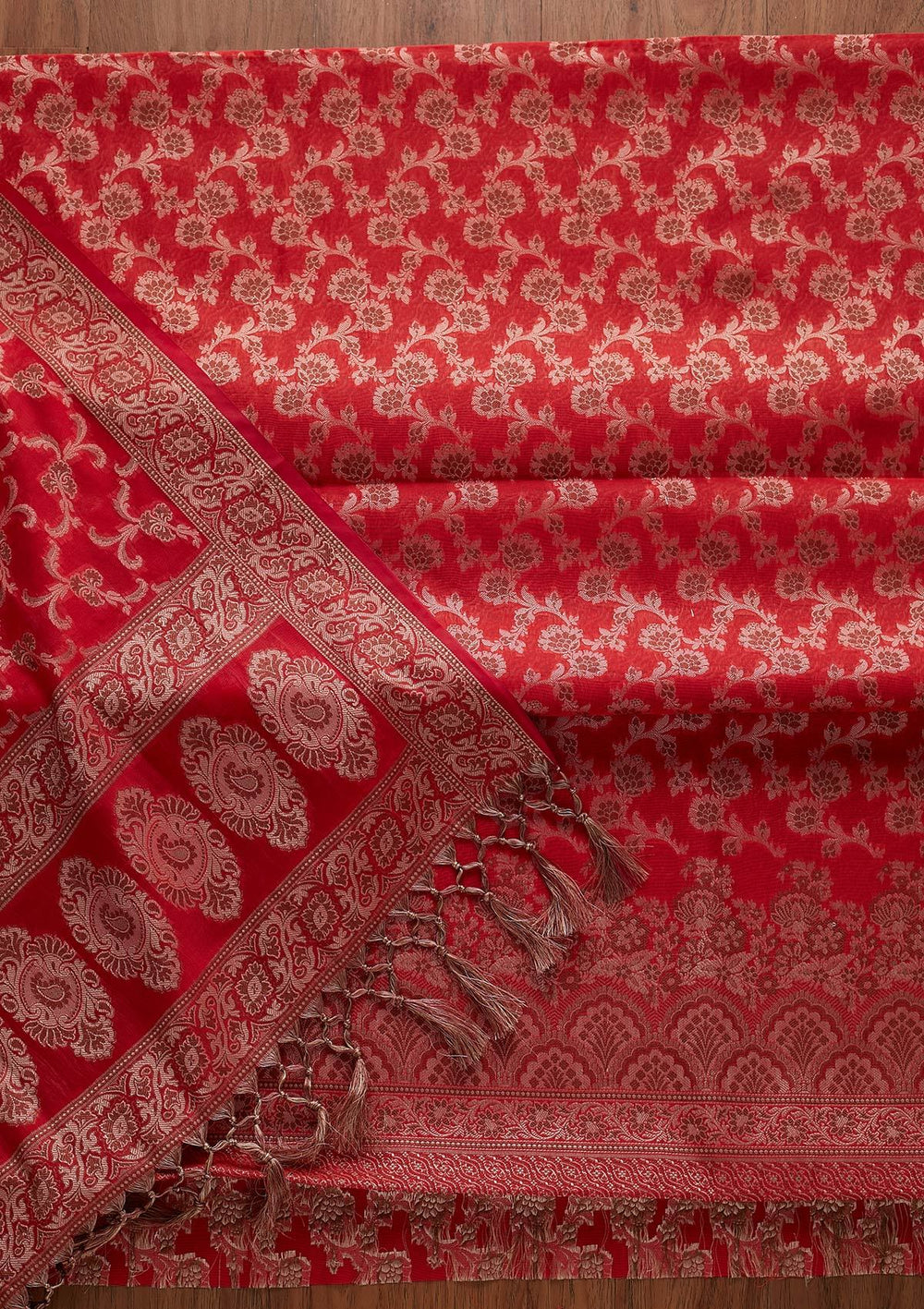 Red Zariwork Banarasi Designer Unstitched Salwar Suit - koskii