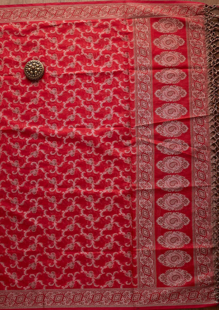 Red Zariwork Banarasi Designer Unstitched Salwar Suit - koskii