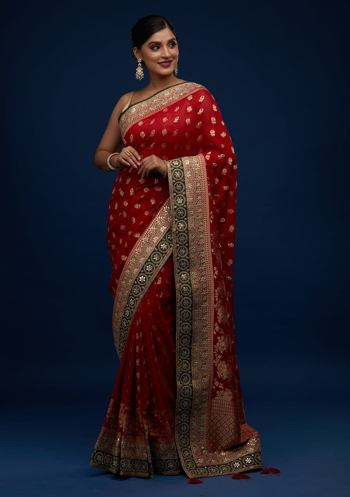 Red Zariwork Banarasi Designer Saree - Koskii