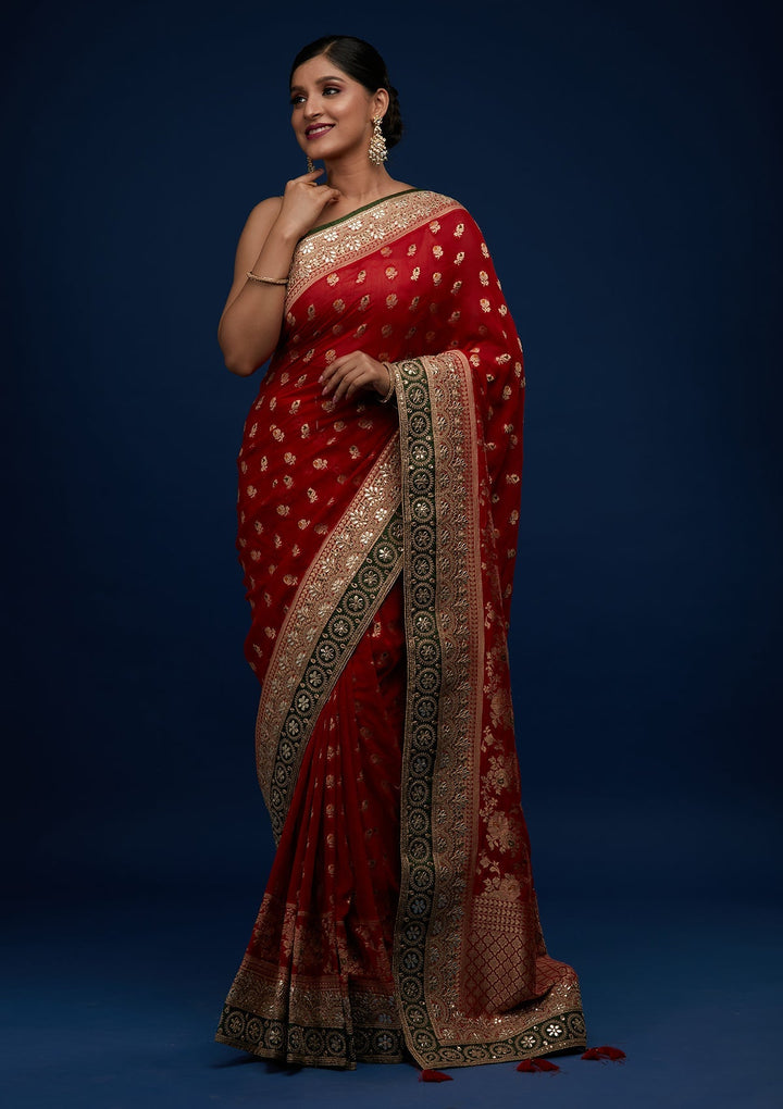 Red Zariwork Banarasi Designer Saree - Koskii