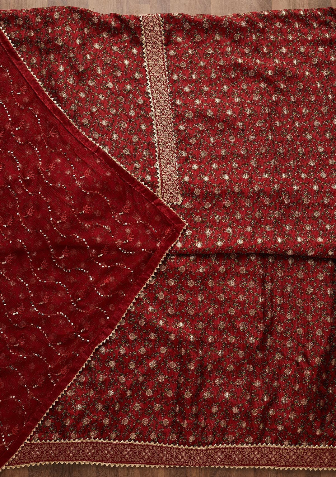 Red Zariwork Chanderi Semi-Stitched Salwar Suit-Koskii