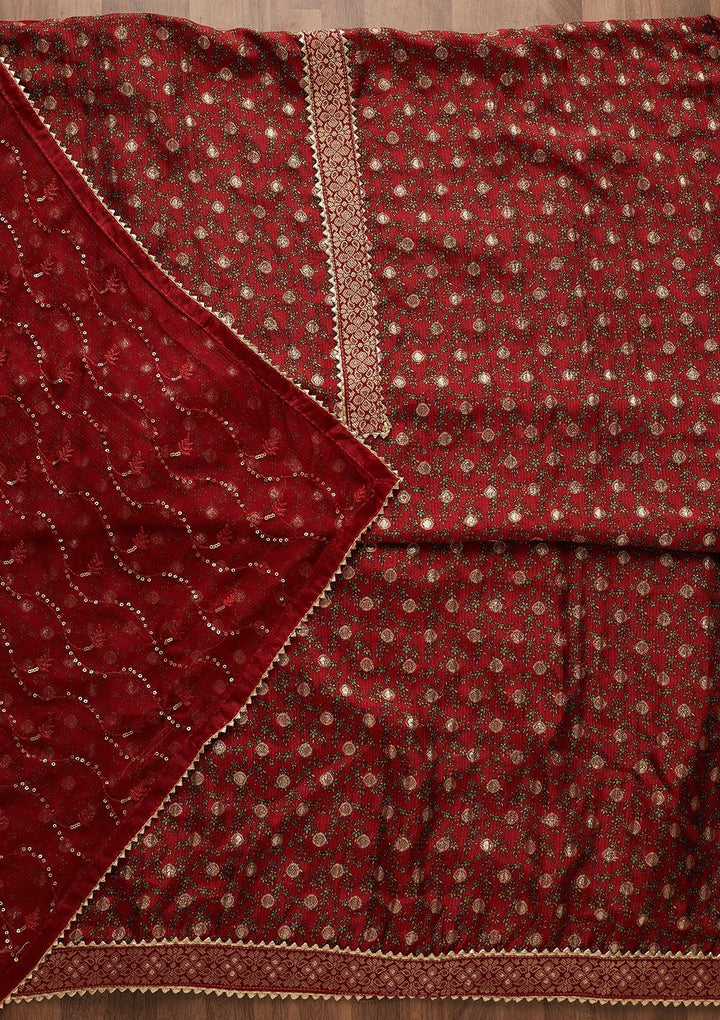 Red Zariwork Chanderi Semi-Stitched Salwar Suit-Koskii