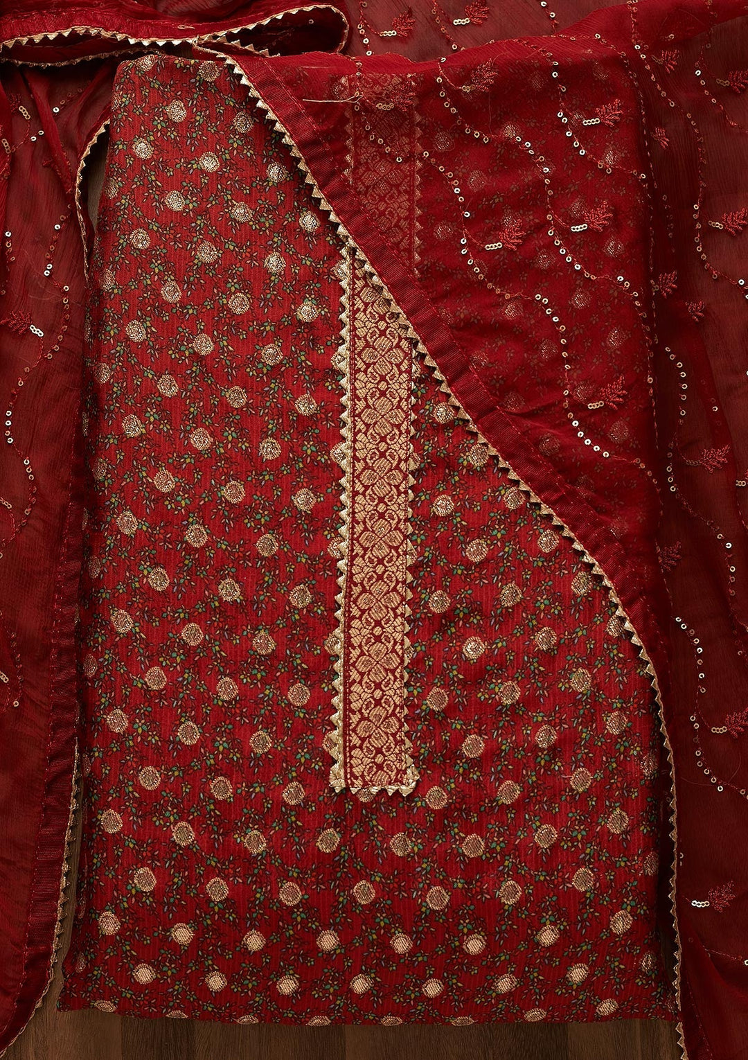 Red Zariwork Chanderi Semi-Stitched Salwar Suit-Koskii