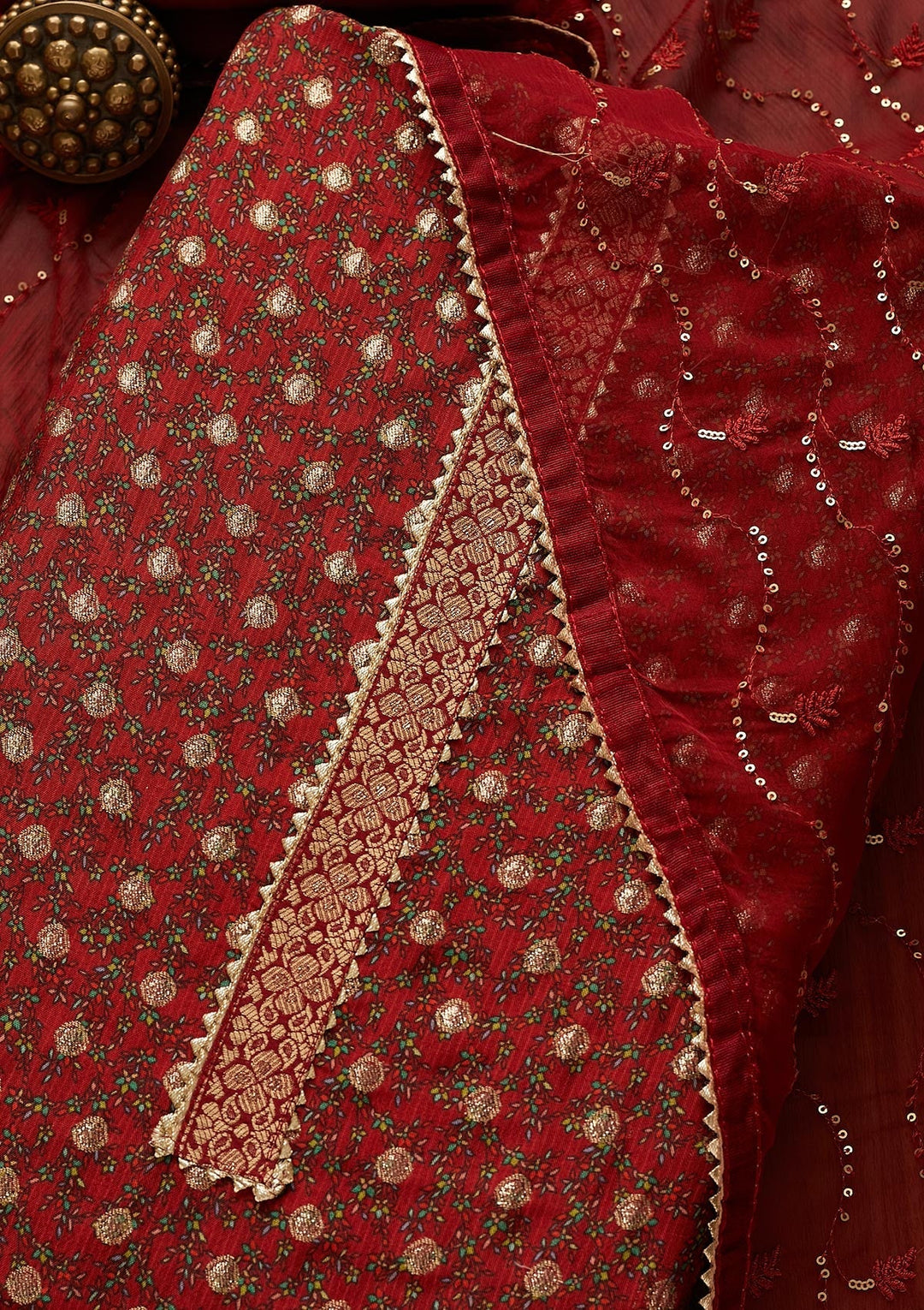 Red Zariwork Chanderi Semi-Stitched Salwar Suit-Koskii