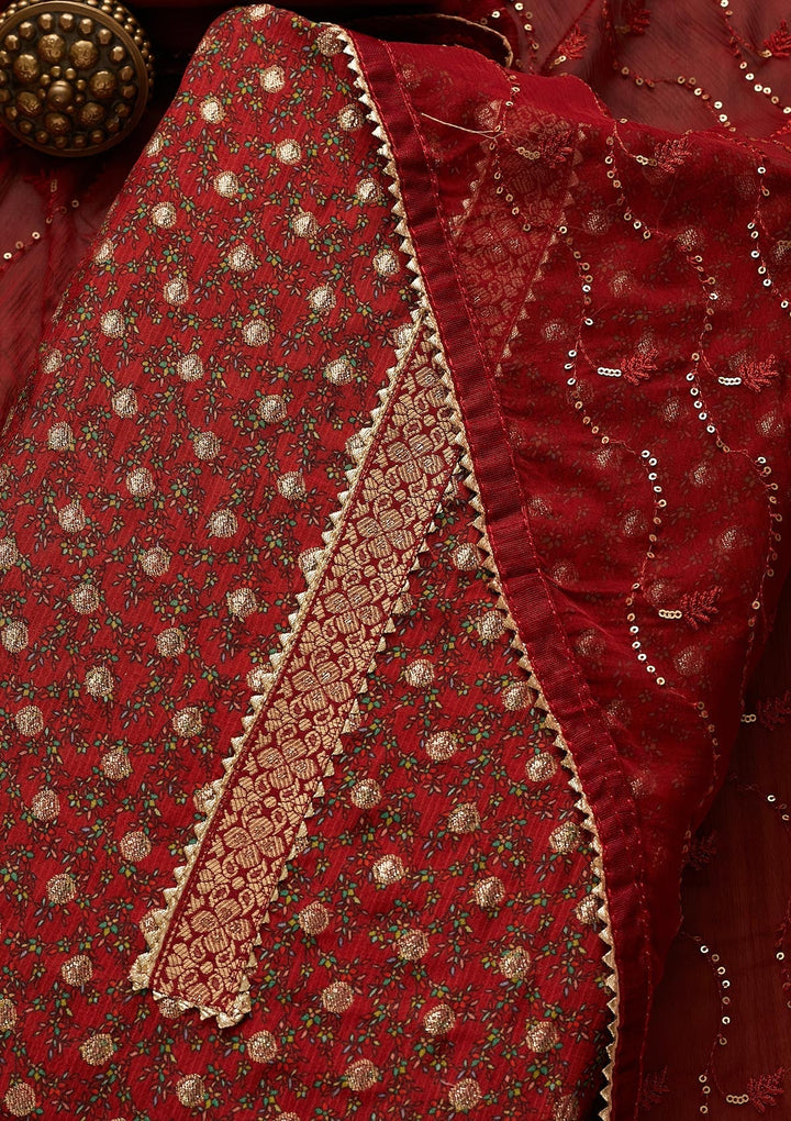 Red Zariwork Chanderi Semi-Stitched Salwar Suit-Koskii