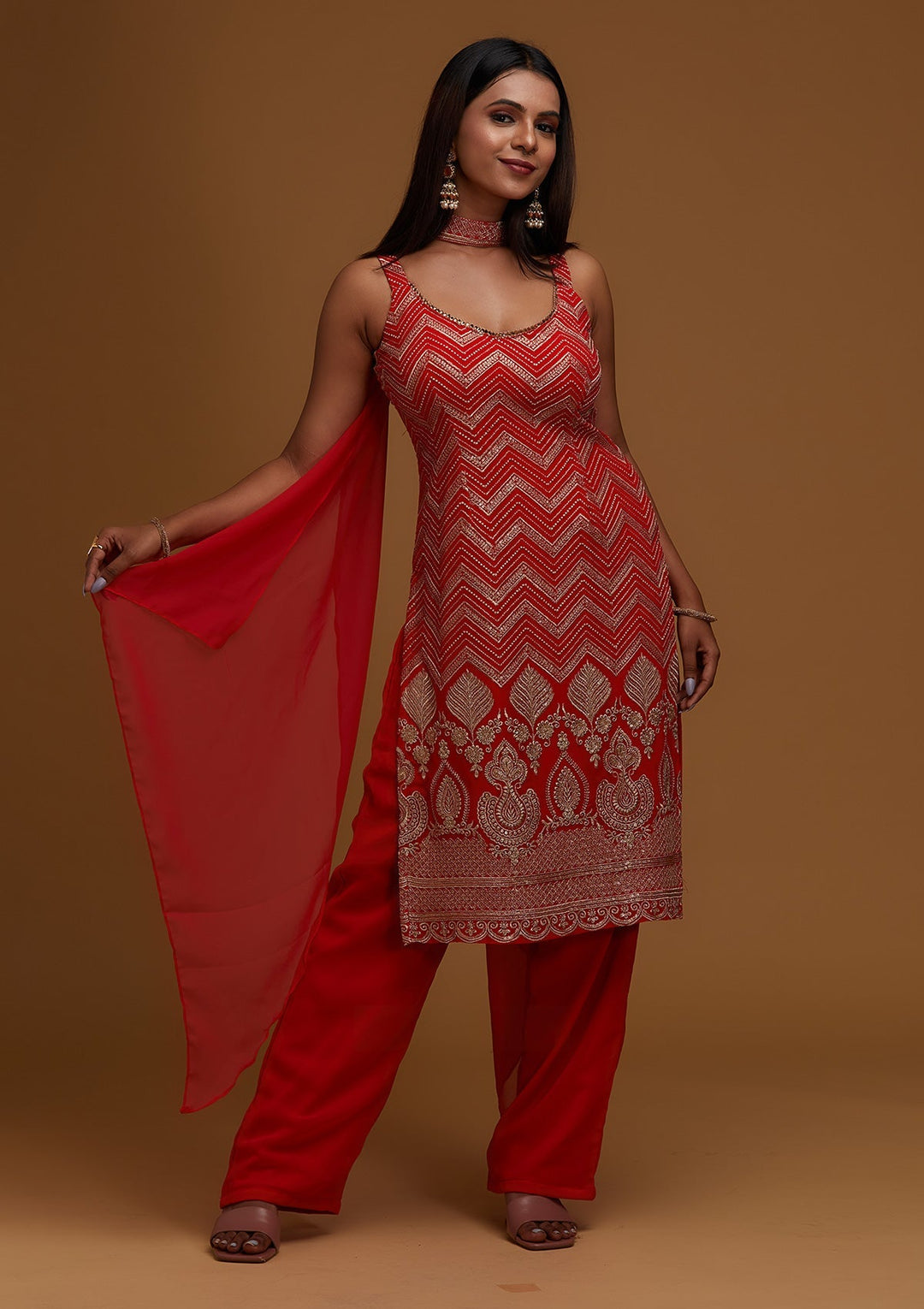 Red Zariwork Georgette Designer Salwar Suit - Koskii