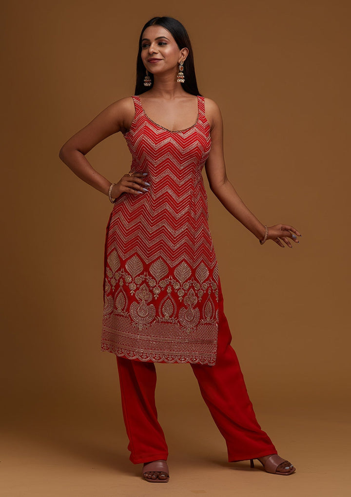 Red Zariwork Georgette Designer Salwar Suit - Koskii