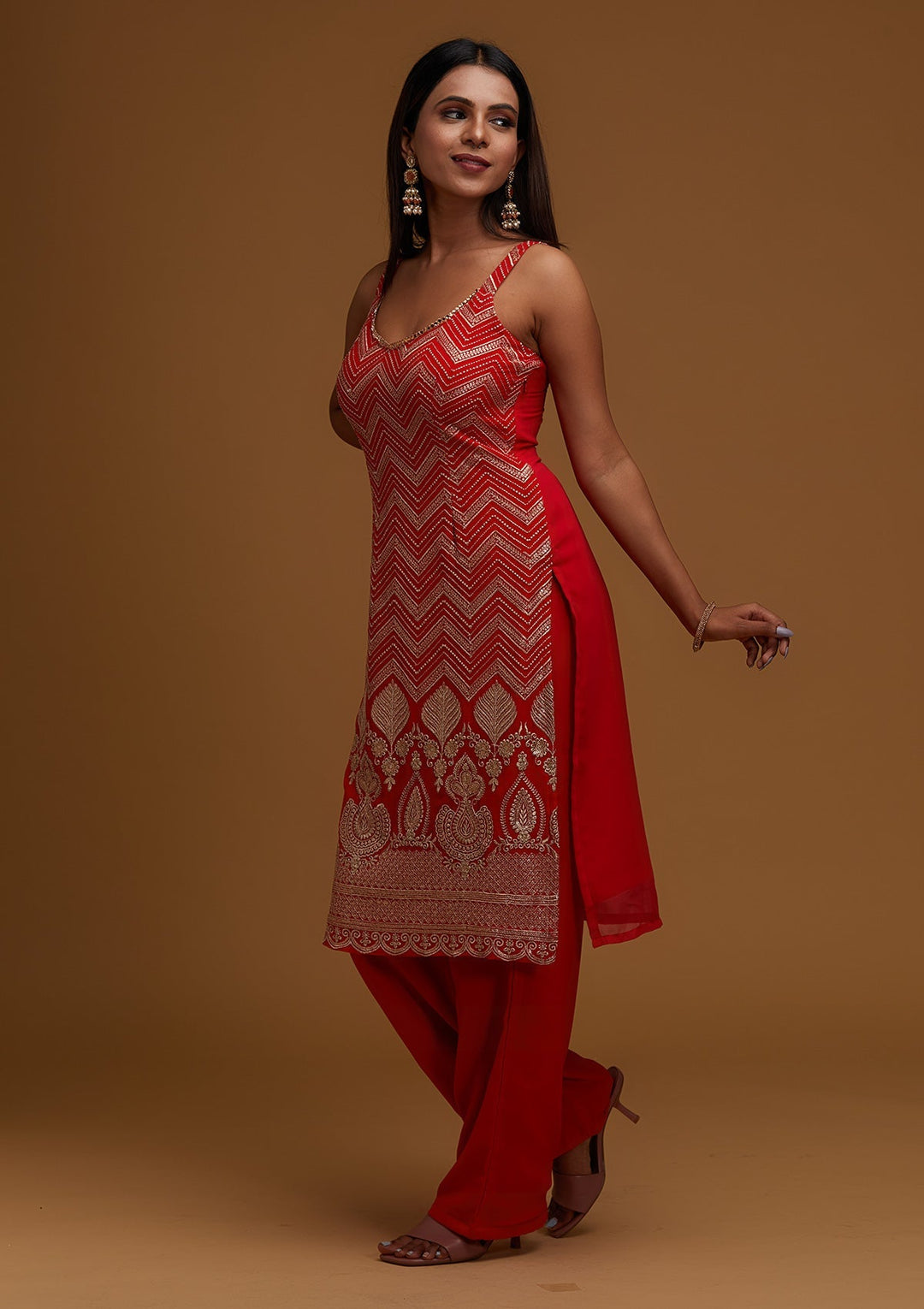 Red Zariwork Georgette Designer Salwar Suit - Koskii