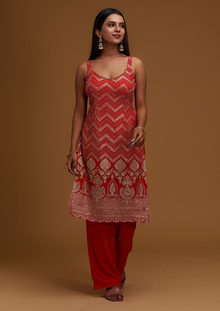 Red Zariwork Georgette Designer Salwar Suit - Koskii