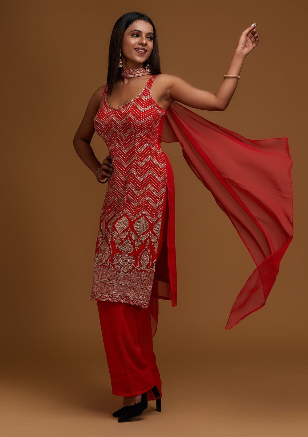 Red Zariwork Georgette Designer Salwar Suit - Koskii