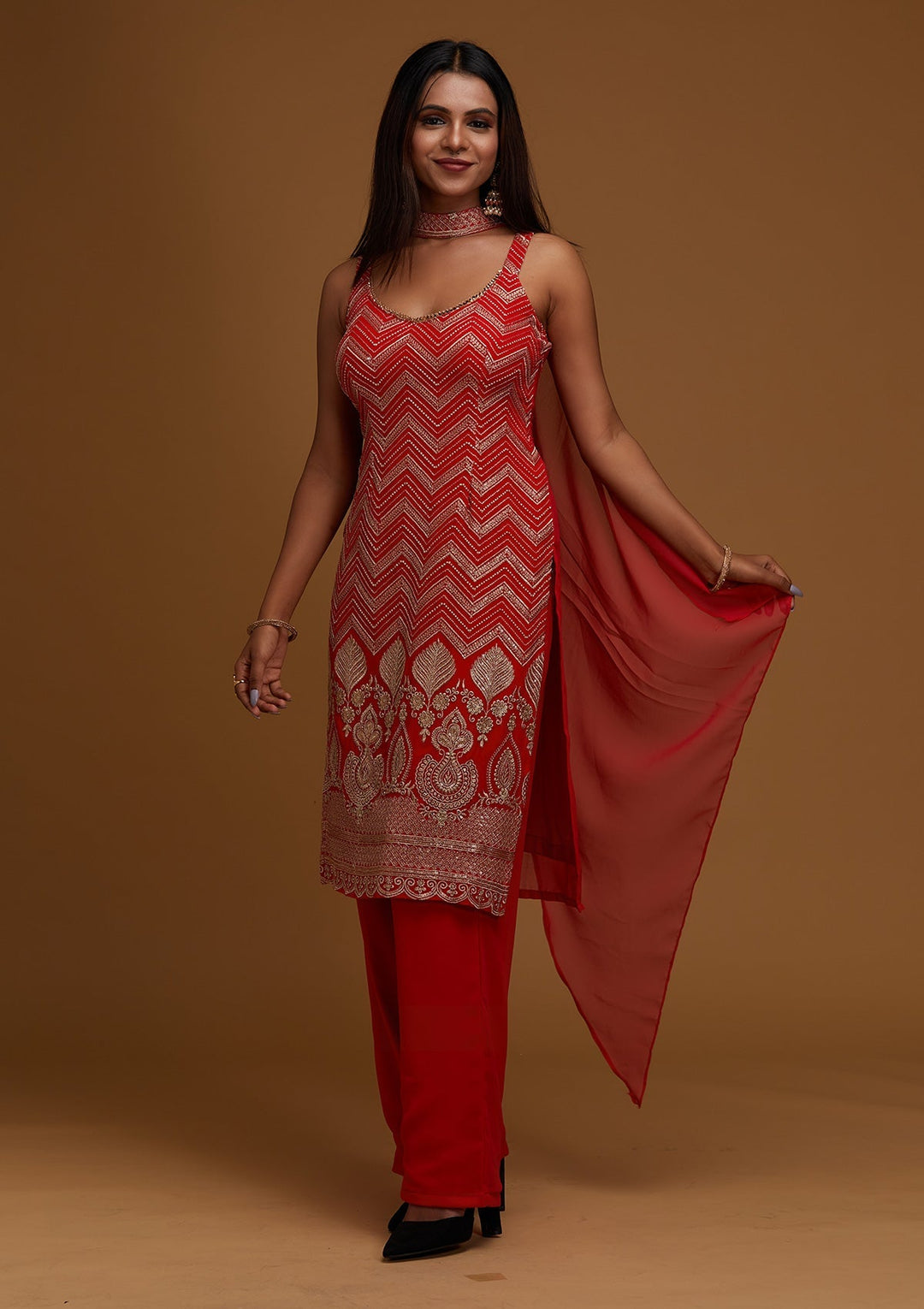 Red Zariwork Georgette Designer Salwar Suit - Koskii