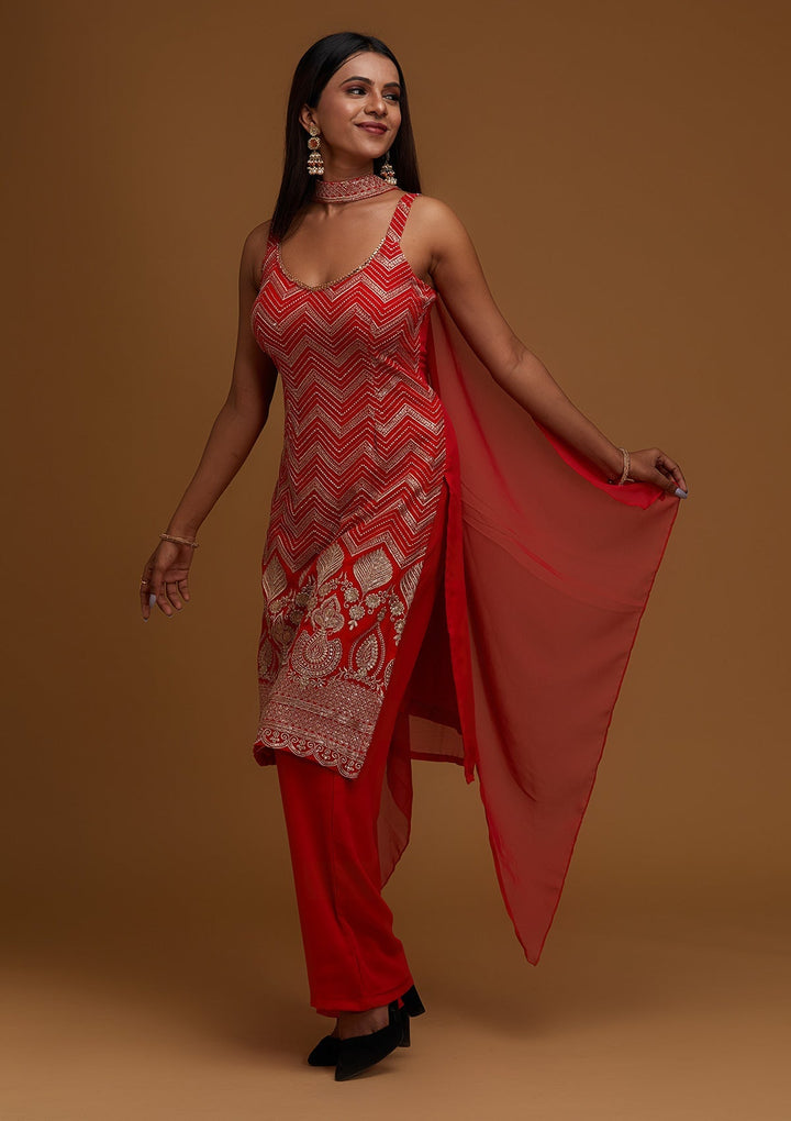 Red Zariwork Georgette Designer Salwar Suit - Koskii