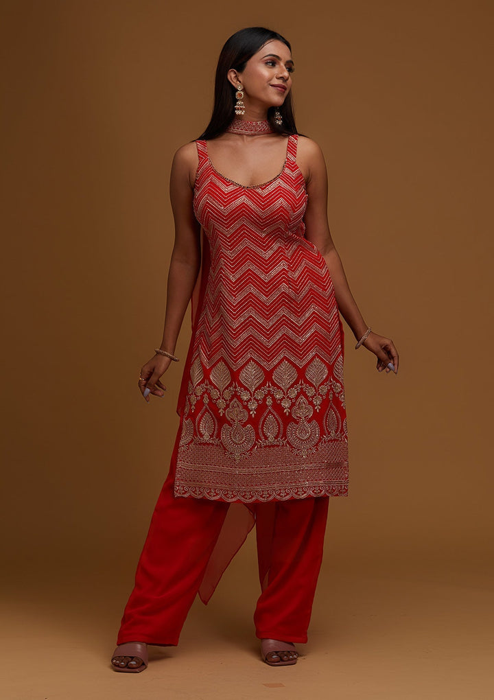 Red Zariwork Georgette Designer Salwar Suit - Koskii