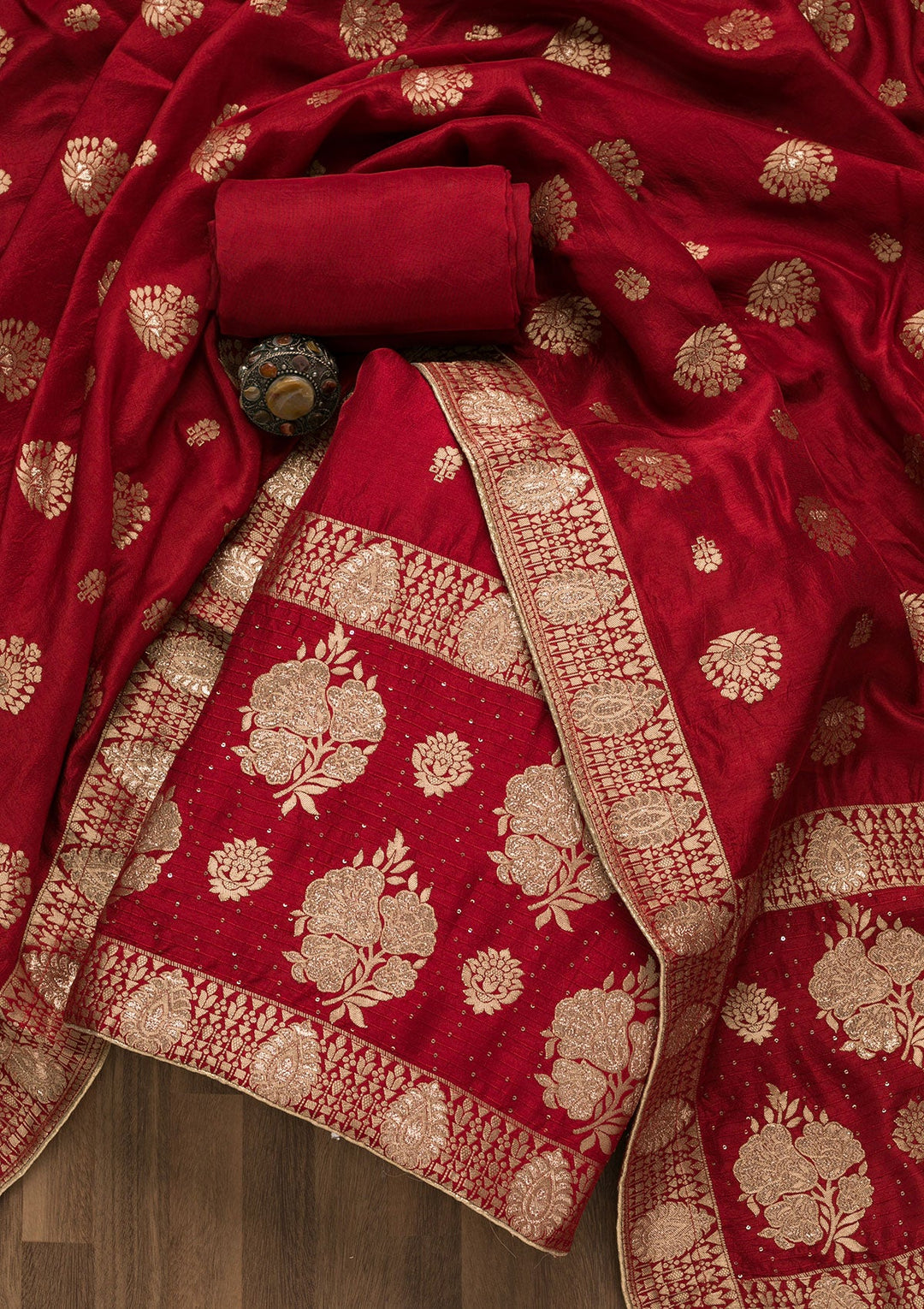 Red Zariwork Georgette Unstitched Salwar Suit-Koskii
