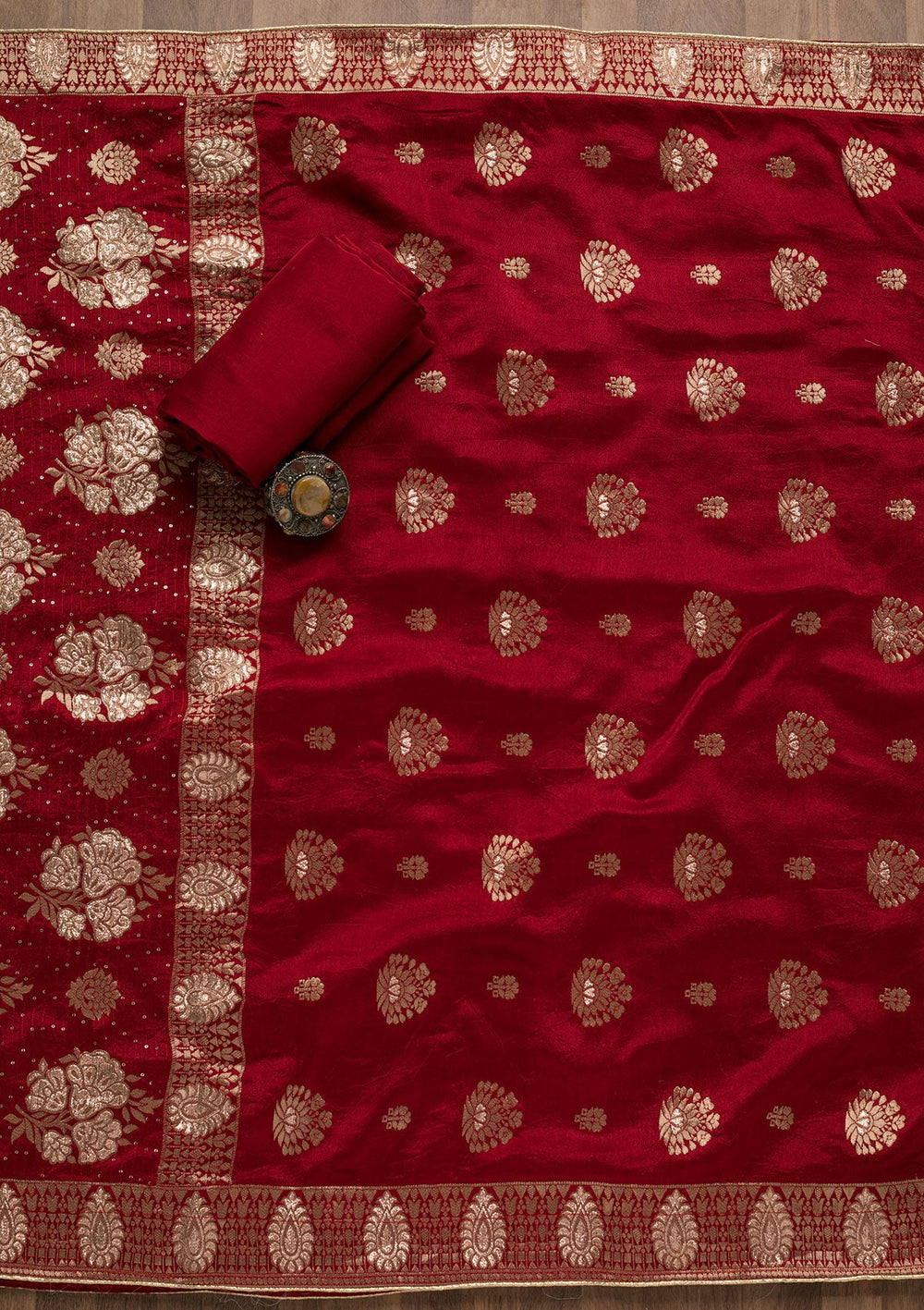 Red Zariwork Georgette Unstitched Salwar Suit-Koskii