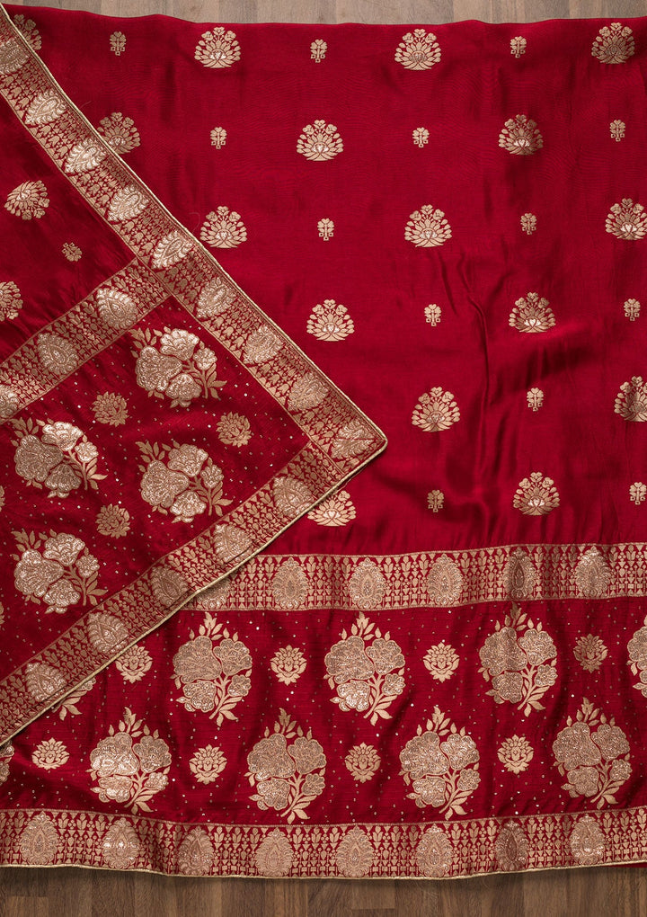 Red Zariwork Georgette Unstitched Salwar Suit-Koskii