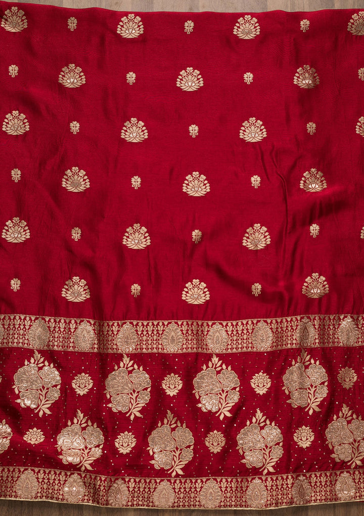 Red Zariwork Georgette Unstitched Salwar Suit-Koskii