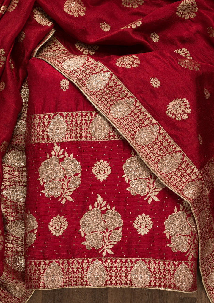 Red Zariwork Georgette Unstitched Salwar Suit-Koskii