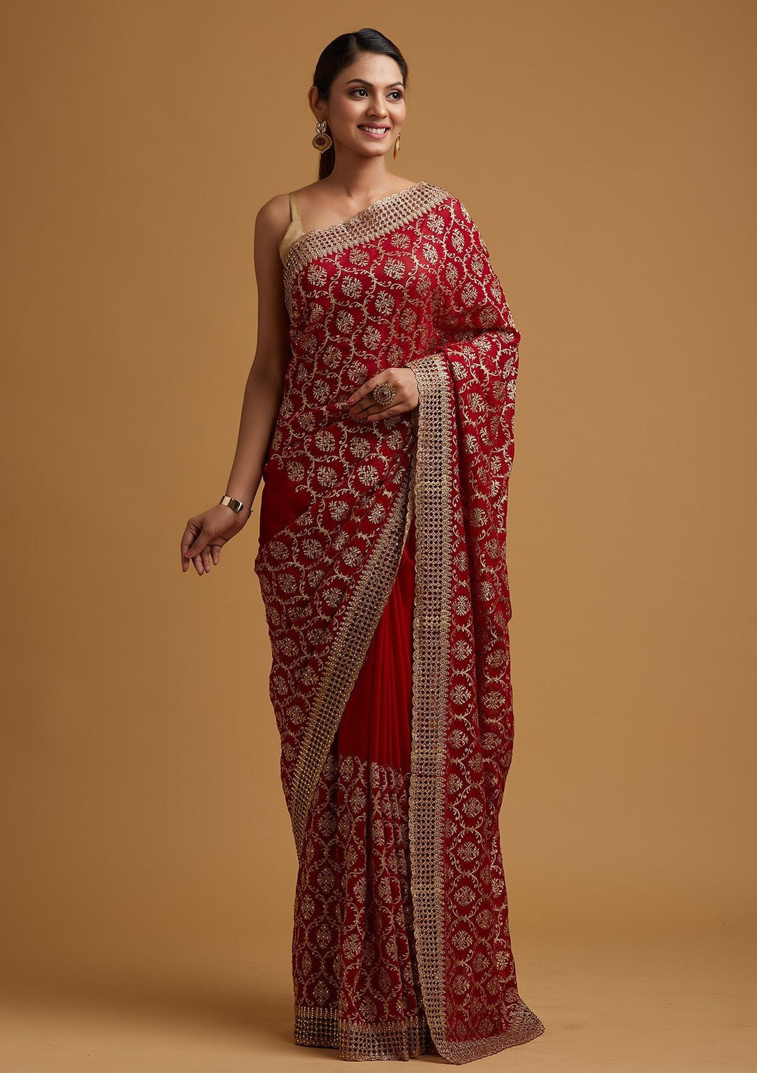 Red Zariwork Georgette Designer Saree - koskii