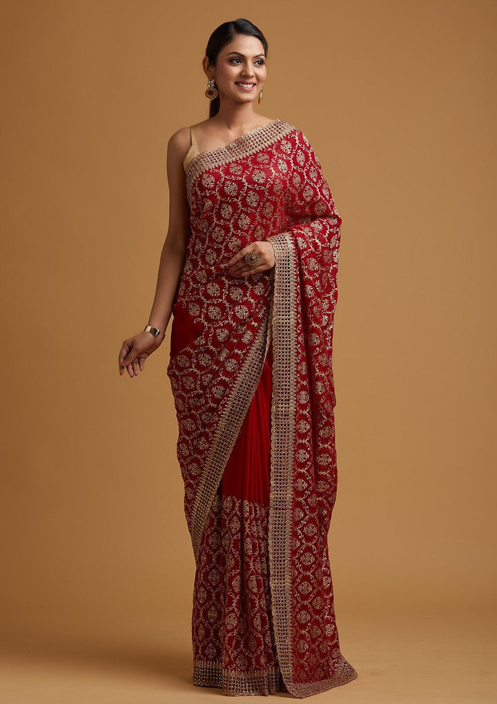 Red Zariwork Georgette Designer Saree - koskii