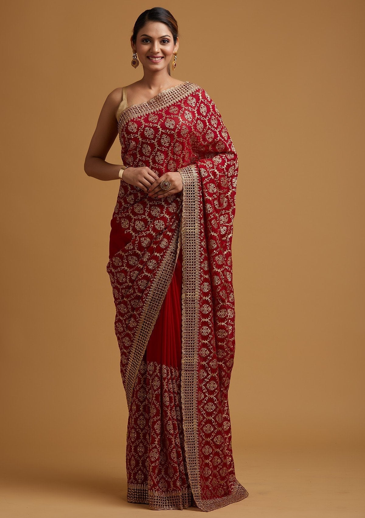 Buy Red Zariwork Georgette Designer Saree - Koskii