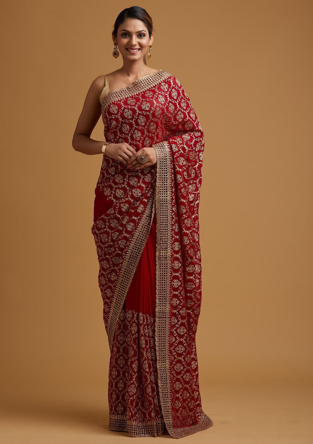 Red Zariwork Georgette Designer Saree - koskii