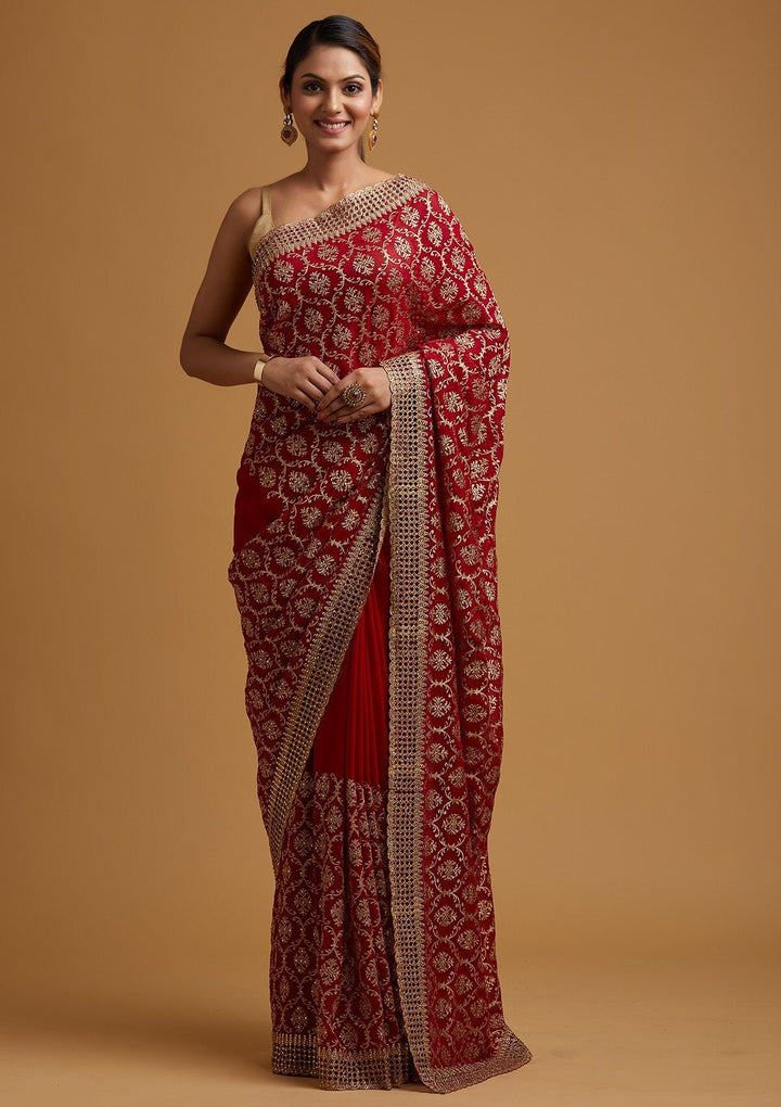 Red Zariwork Georgette Designer Saree - koskii