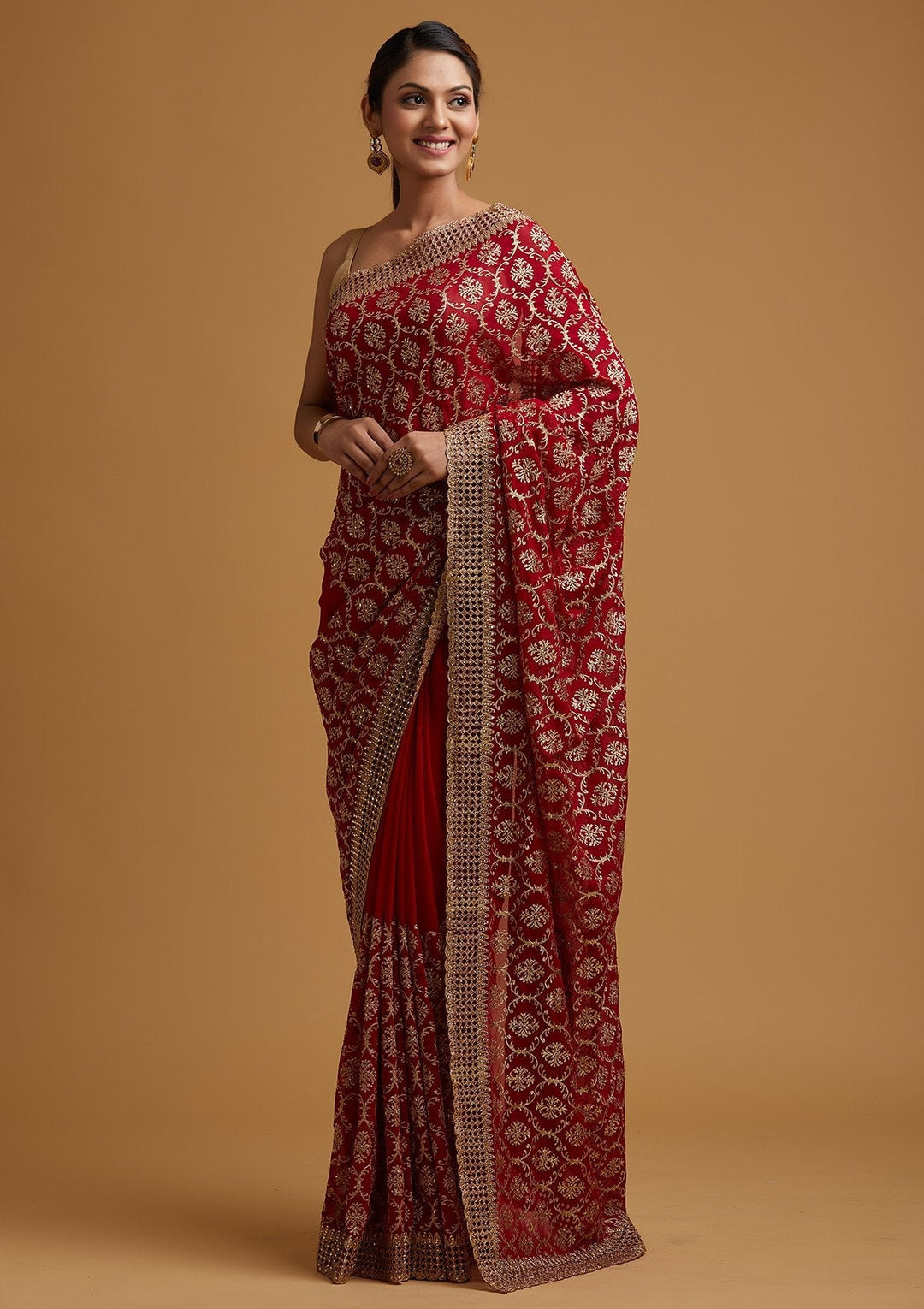 Red Zariwork Georgette Designer Saree - koskii