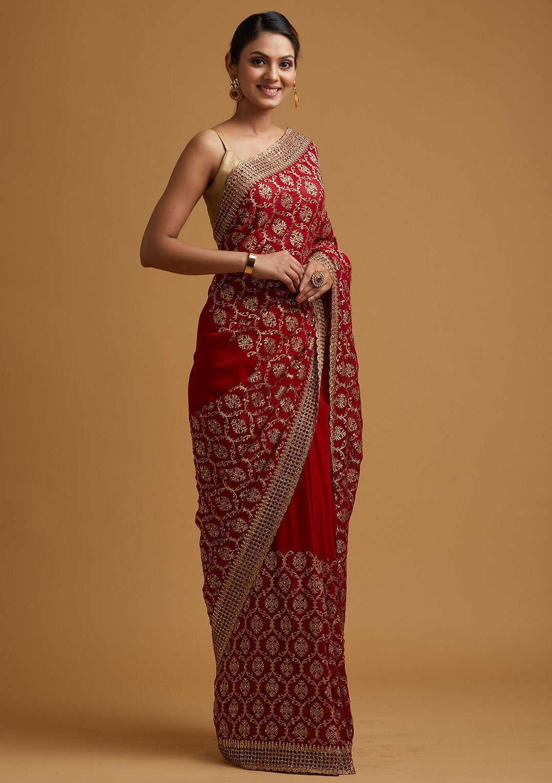 Red Zariwork Georgette Designer Saree - koskii