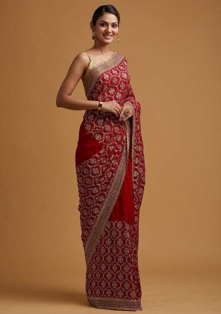Red Zariwork Georgette Designer Saree - koskii