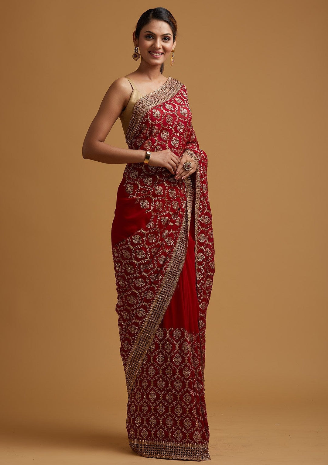 Red Zariwork Georgette Designer Saree - koskii