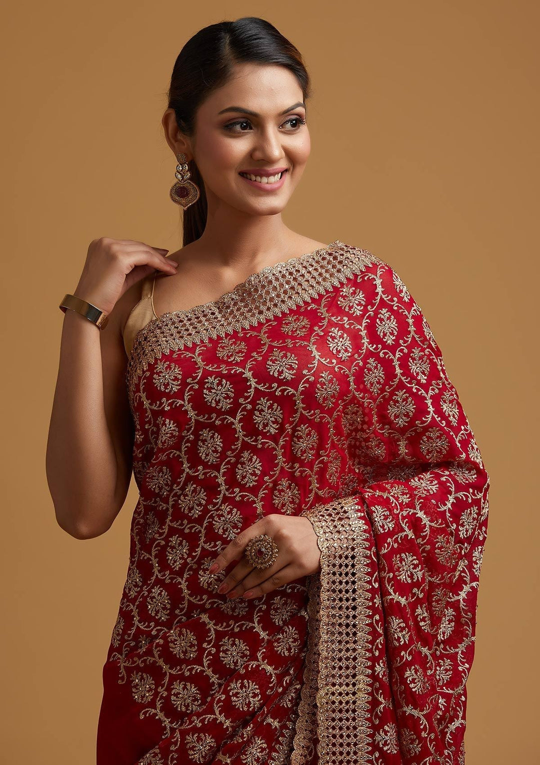 Red Zariwork Georgette Designer Saree - koskii