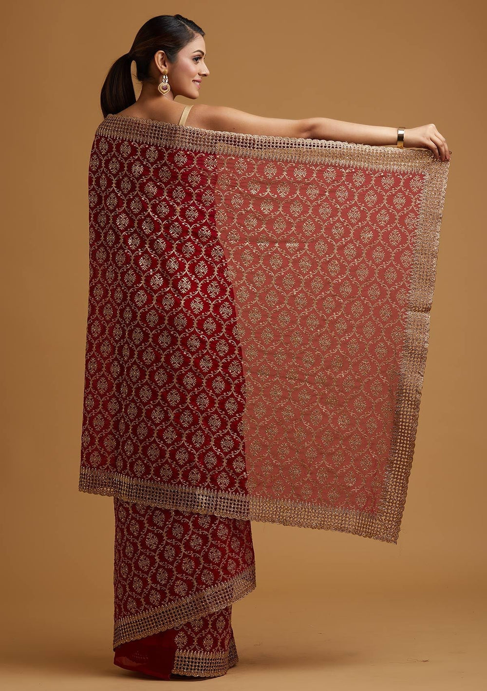 Red Zariwork Georgette Designer Saree - koskii