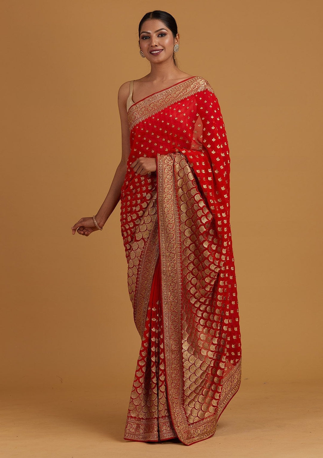 Red Zariwork Georgette Designer Saree - Koskii