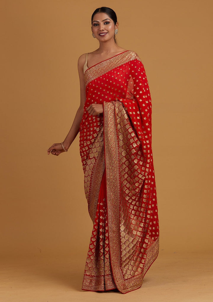 Red Zariwork Georgette Designer Saree - Koskii